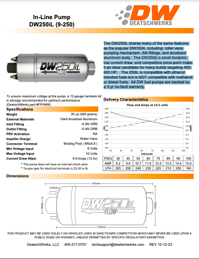 DeatschWerks Fuel Pump - External Fuel Pump DW250iL (250lph)