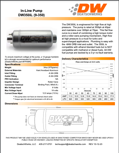 DeatschWerks Fuel Pump - External Fuel Pump DW350iL (350lph)