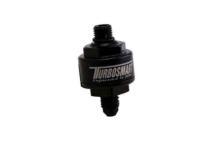 Turbosmart Billet Turbo Oil Feed Filter 44um AN-4 to AN-4 ORB - Black (Order in)
