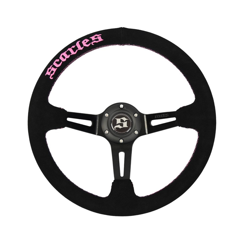 Scarles Suede Dedicated Drift Steering Wheel - 350mm-90mm (pink logo & pink stitching)