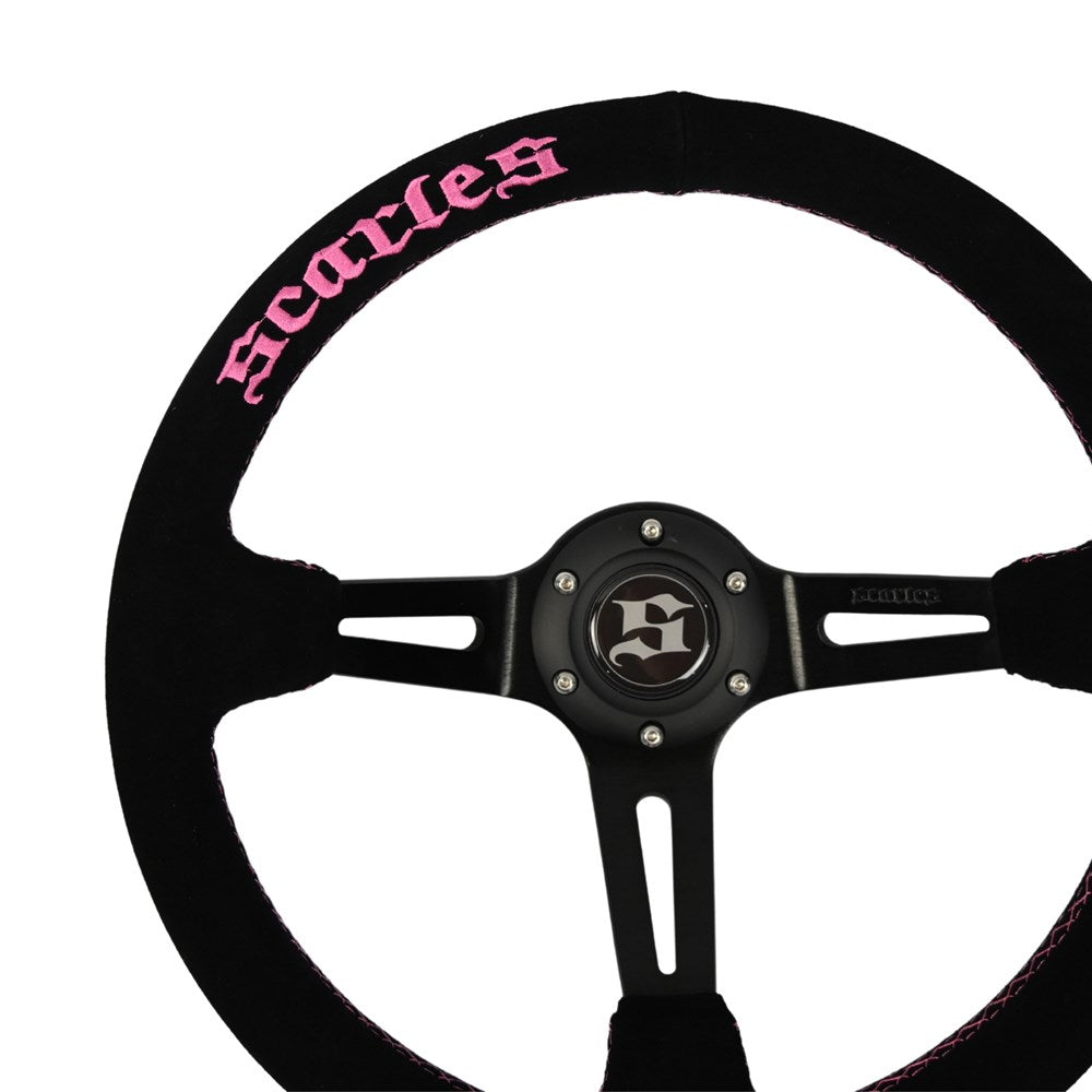 Scarles Suede Dedicated Drift Steering Wheel - 350mm-90mm (pink logo & pink stitching)
