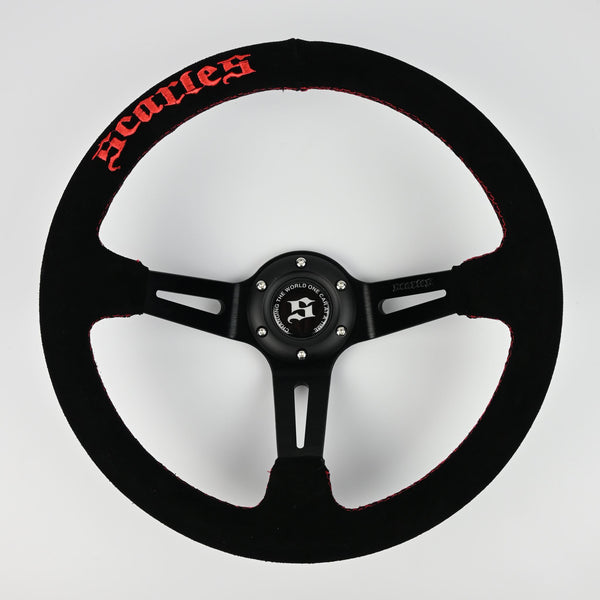 Suede Dedicated Drift steering 350mm-90mm - Red Logo and stitching