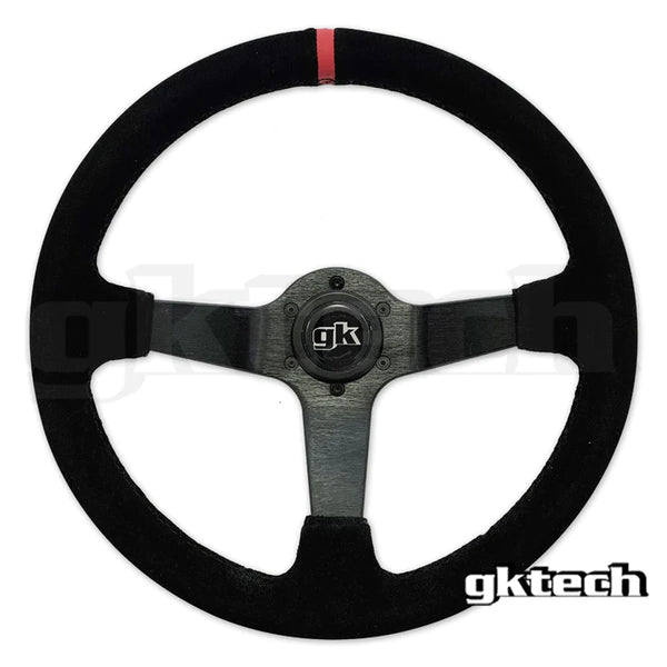 GKTECH STEERING WHEEL 350MM DEEP DISHED SUEDE RED STRIPE (Order in)