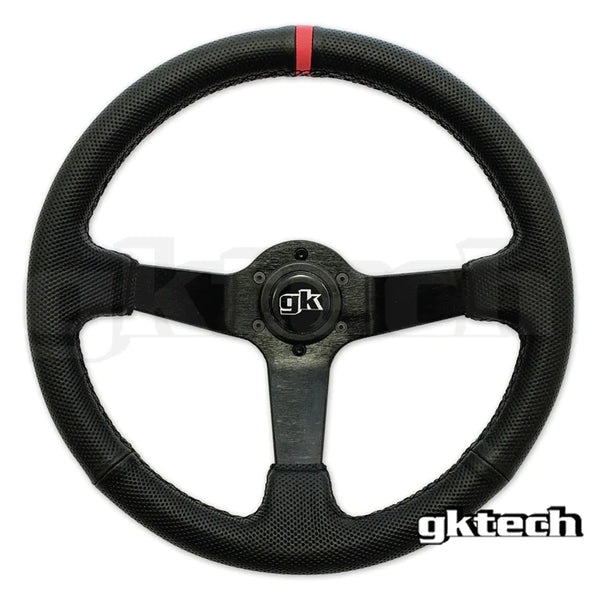 GKTECH STEERING WHEEL 350MM DEEP DISHED PERFORATED LEATHER RED STRIPE (Order in)