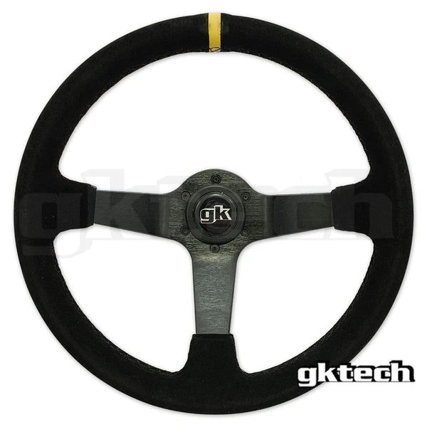 GKTECH STEERING WHEEL 350MM DEEP DISHED SUEDE YELLOW STRIPE (Order in)